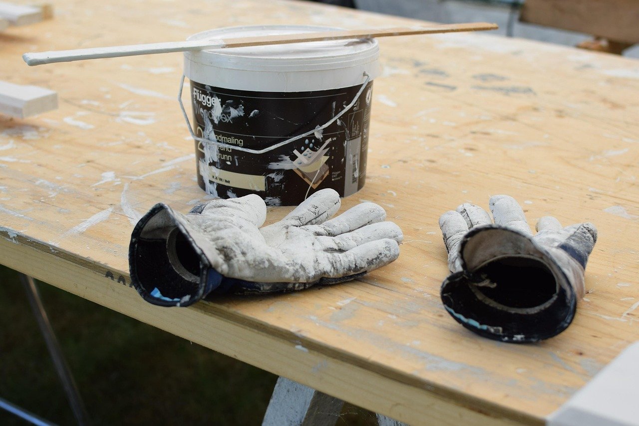 gloves, paint, dirty, work, done, finished